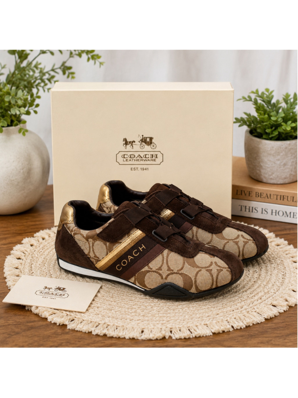 Coach Jenney A1625 Signature C Suede Sneakers Brown Gold Women's Size 8.5 M